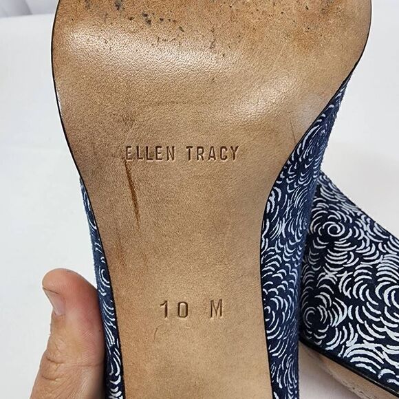 Vintage Ellen Tracy Floral Suade Blue Block Heels Pointed Ties Size 10 - Picture 8 of 9